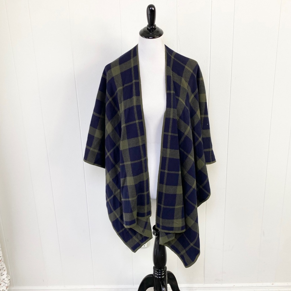 Talbots Navy Blue Olive Green Plaid Open Front Knit Wrap Shawl One Size
